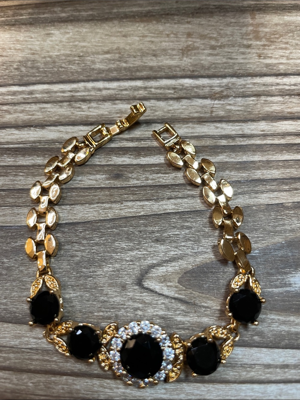 Gold-Tone Bracelet with Black Glass Gemstones and Clear Accents - Picture 2 of 5